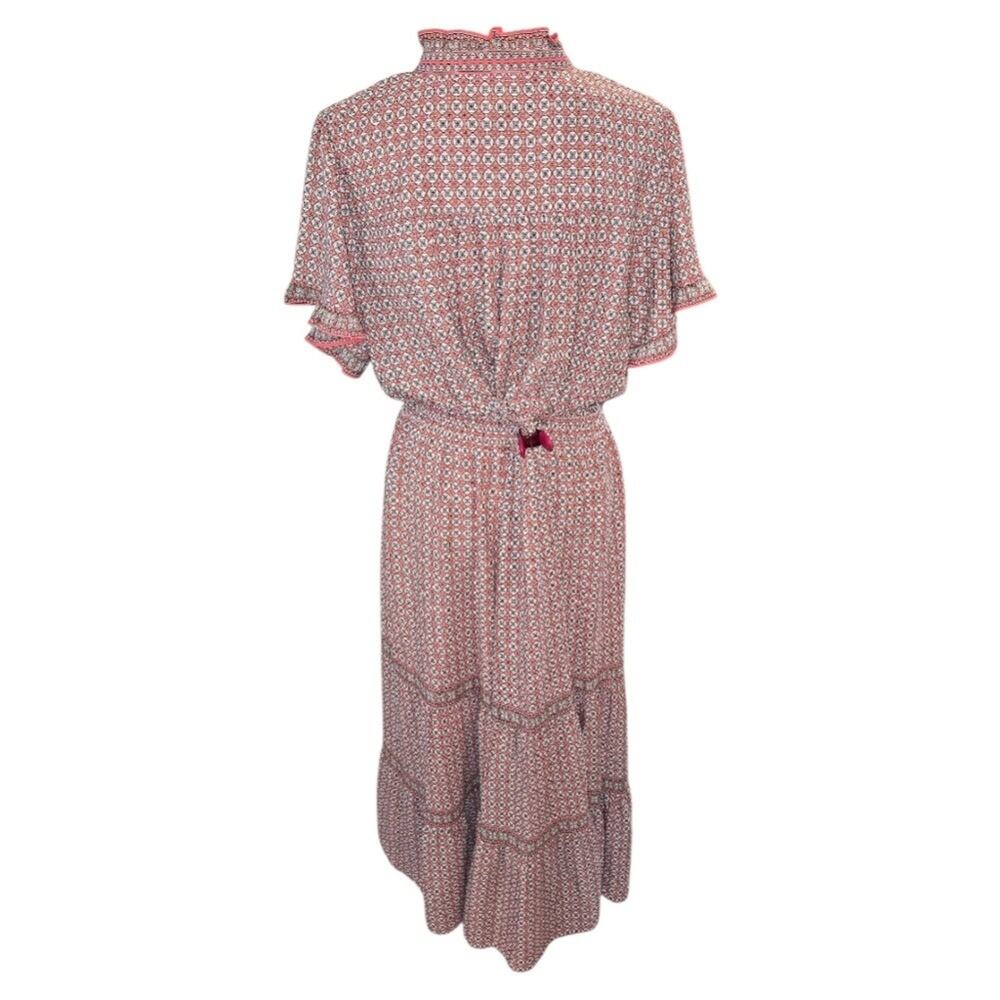 Boho Midi Dress Ruffle Neck Short Sleeve Geometric Print Smocked Waist - Picture 3 of 8